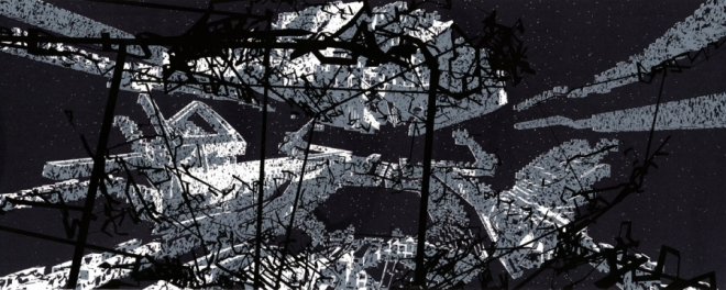Przemysław Tyszkiewicz, Chabrowy Księżyc Pól Mrozowych, 2011, akwaforta akwatinta 67 x 94